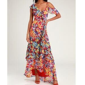 Lulus NWOT Radiant Ruby Floral Off-the-Shoulder Chiffon Asymmetrical Maxi Dress